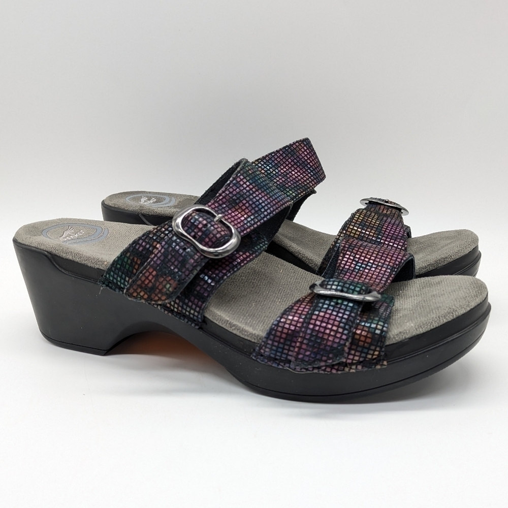 Dansko Sophie Black Stain Colorful Leather Slip On Wedge Sandal 41